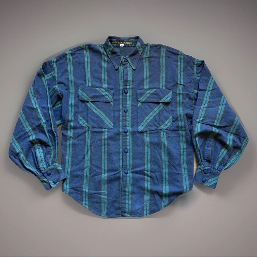 Vintage 90s Jan Barboglio Button Down Blouse Striped Flared Sleeve Women’s 10